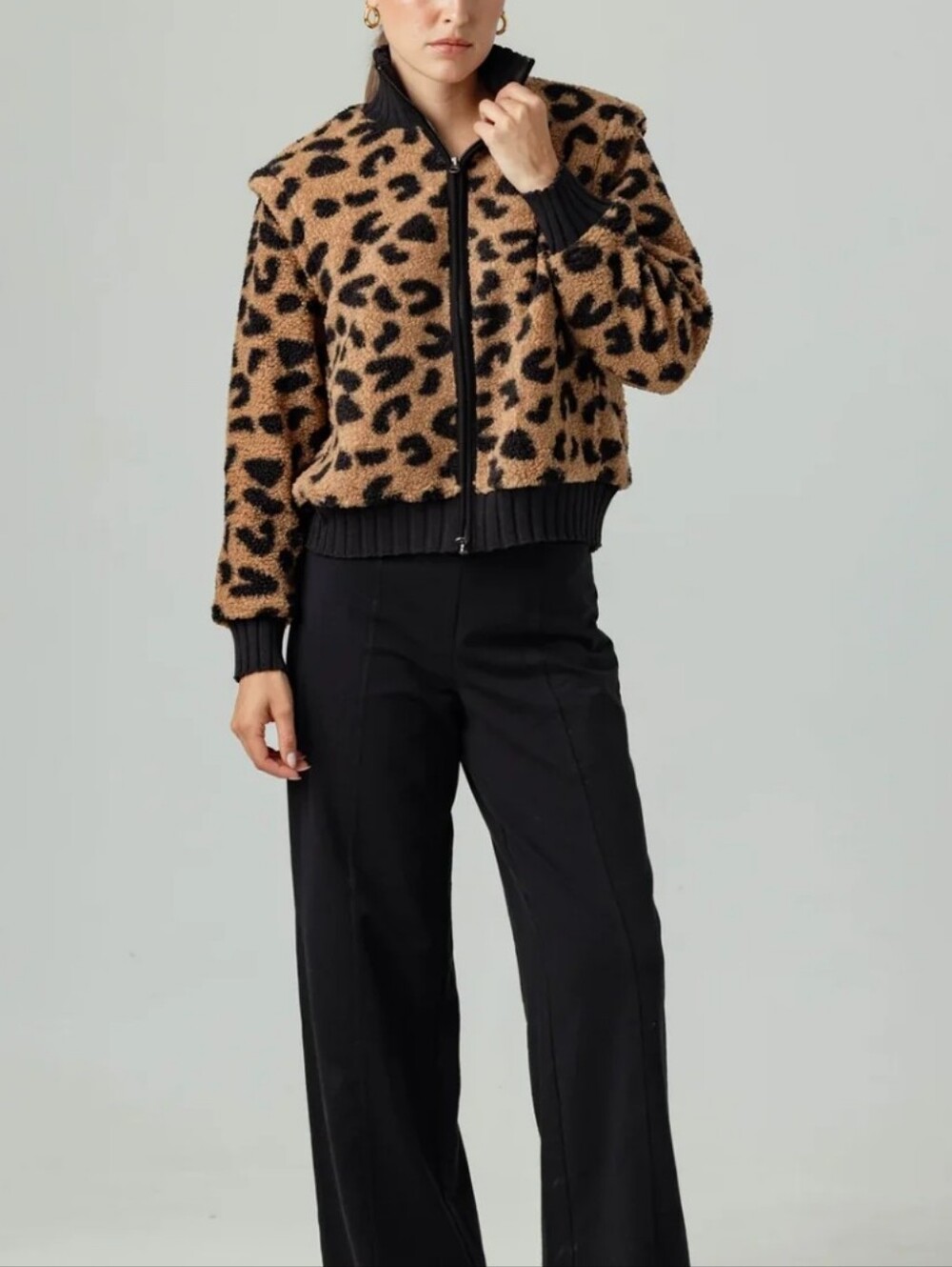 sundays KAIDA Leopard Bomber Zip-Up Jacket in Tan & Black Size S